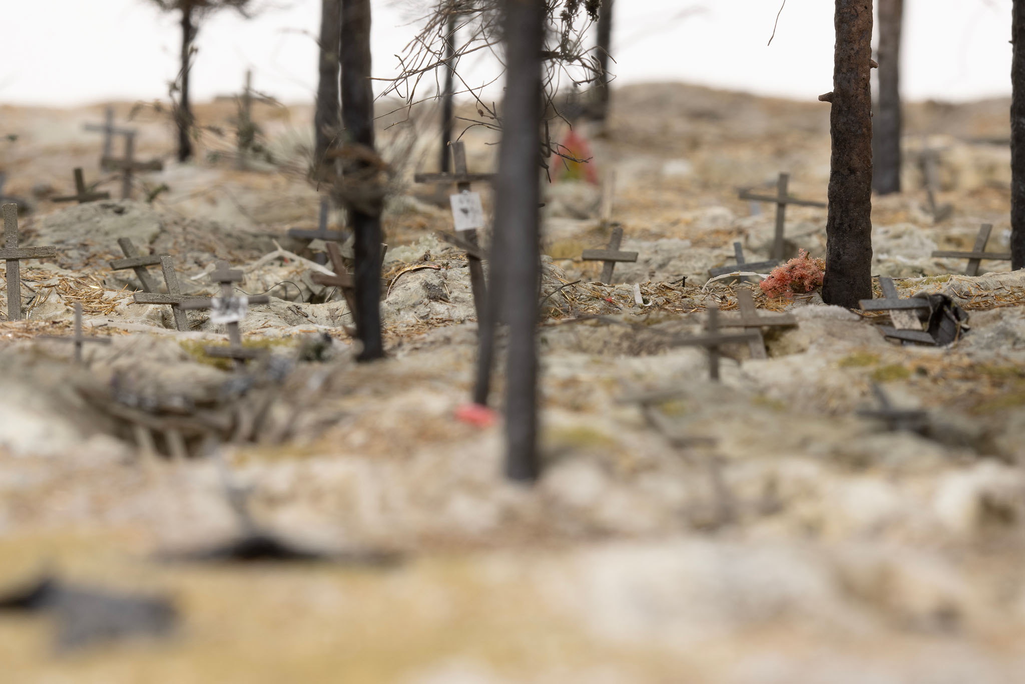 Model of a mass grave site near Izium, Ukraine, by artist Thomas Doyle for the Howard G. Buffett Foundation