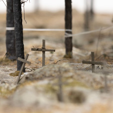 Model of a mass grave site near Izium, Ukraine, by artist Thomas Doyle for the Howard G. Buffett Foundation