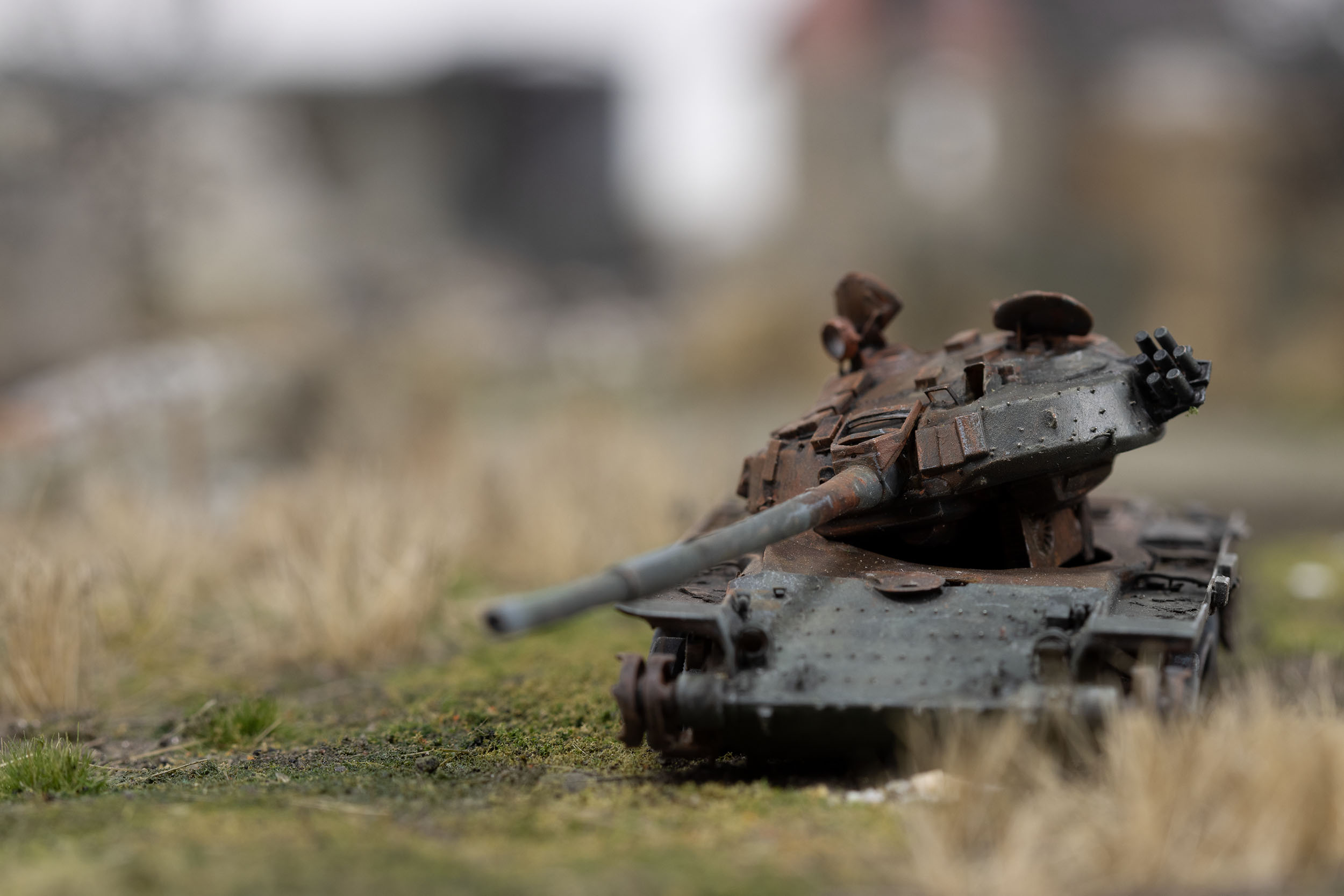 Model of a destroyed Russian tank near homes in the village of Kamianka, Ukraine, by artist Thomas Doyle for the Howard G. Buffett Foundation