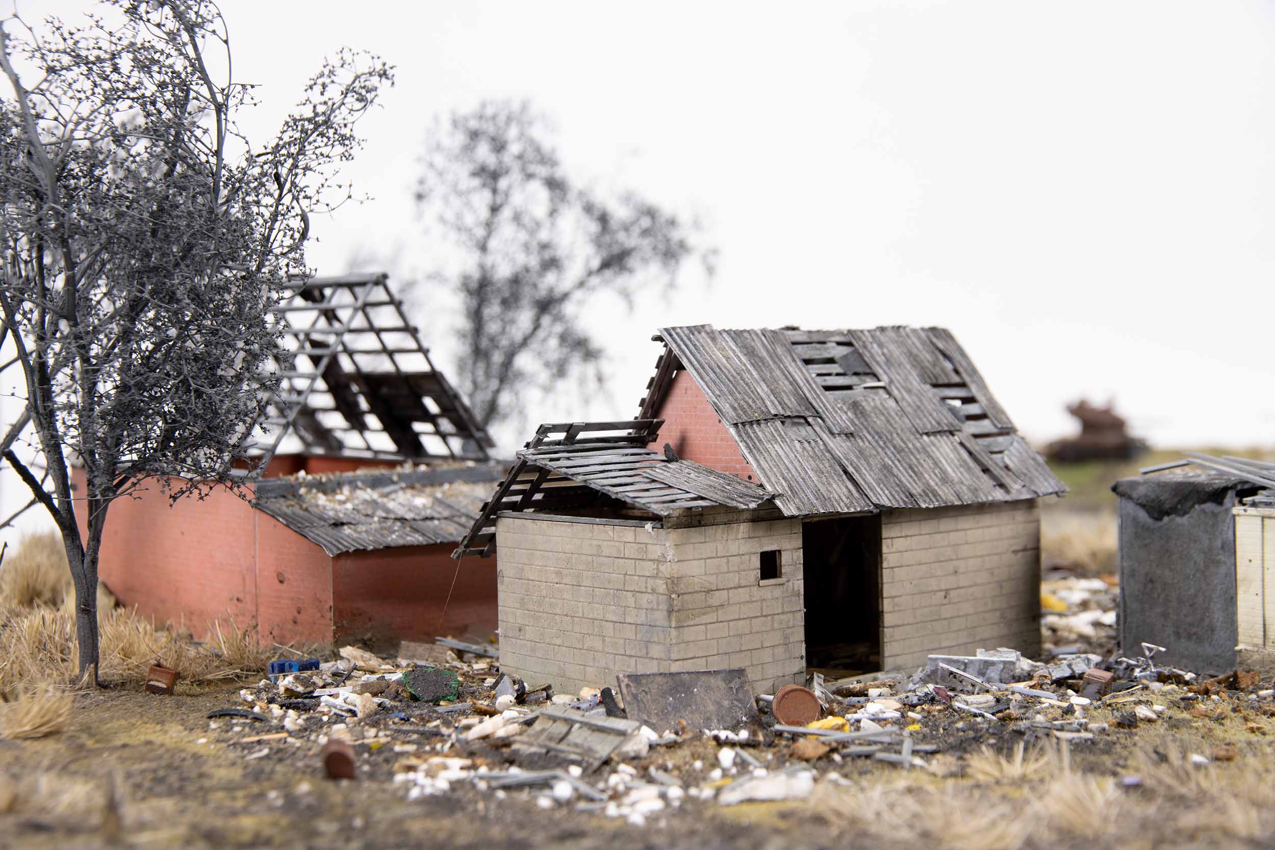 Model of destroyed homes in the village of Kamianka, Ukraine, by artist Thomas Doyle for the Howard G. Buffett Foundation