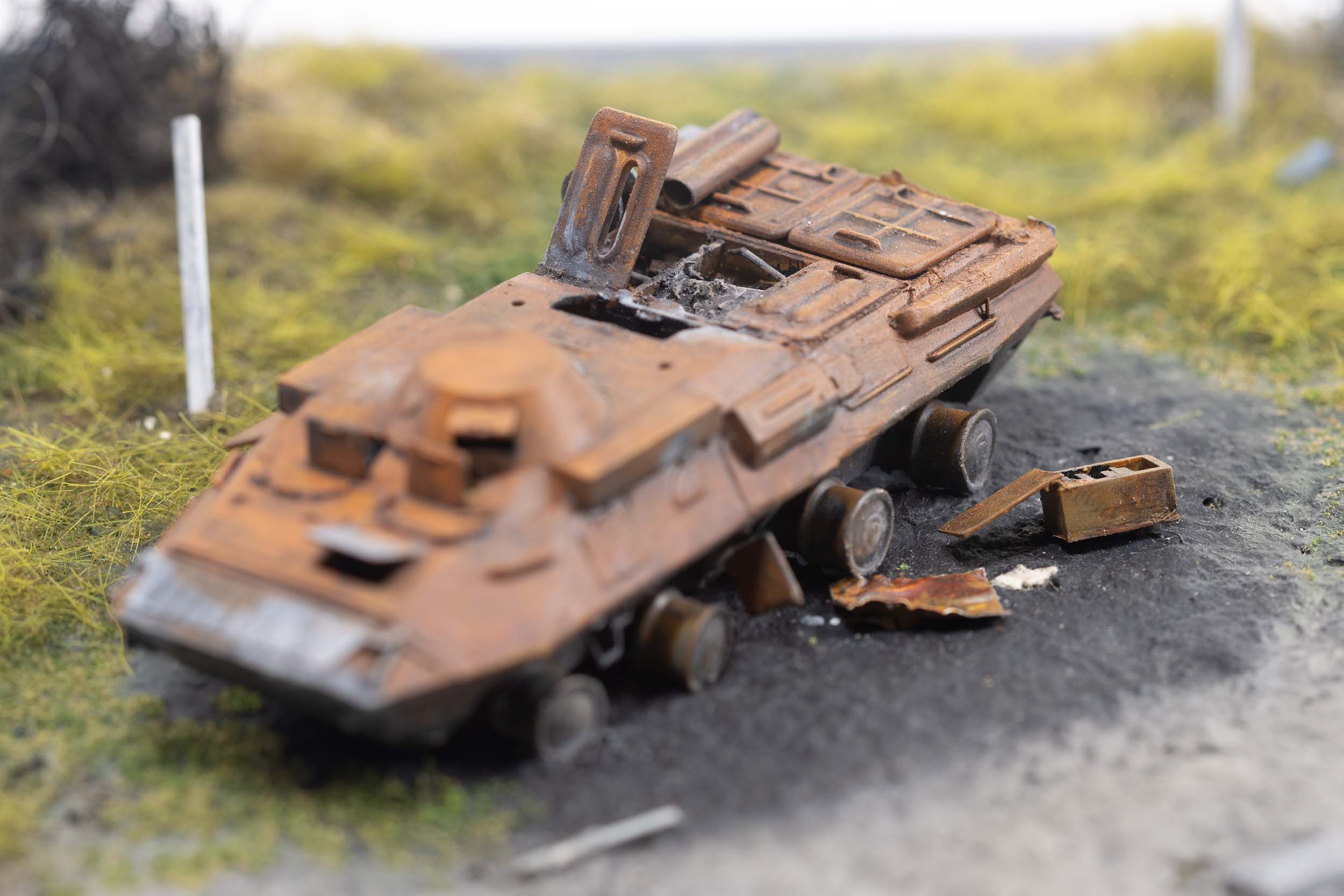 Model of a destroyed Russian BTR-90 in the village of Kamianka, Ukraine, by artist Thomas Doyle for the Howard G. Buffett Foundation