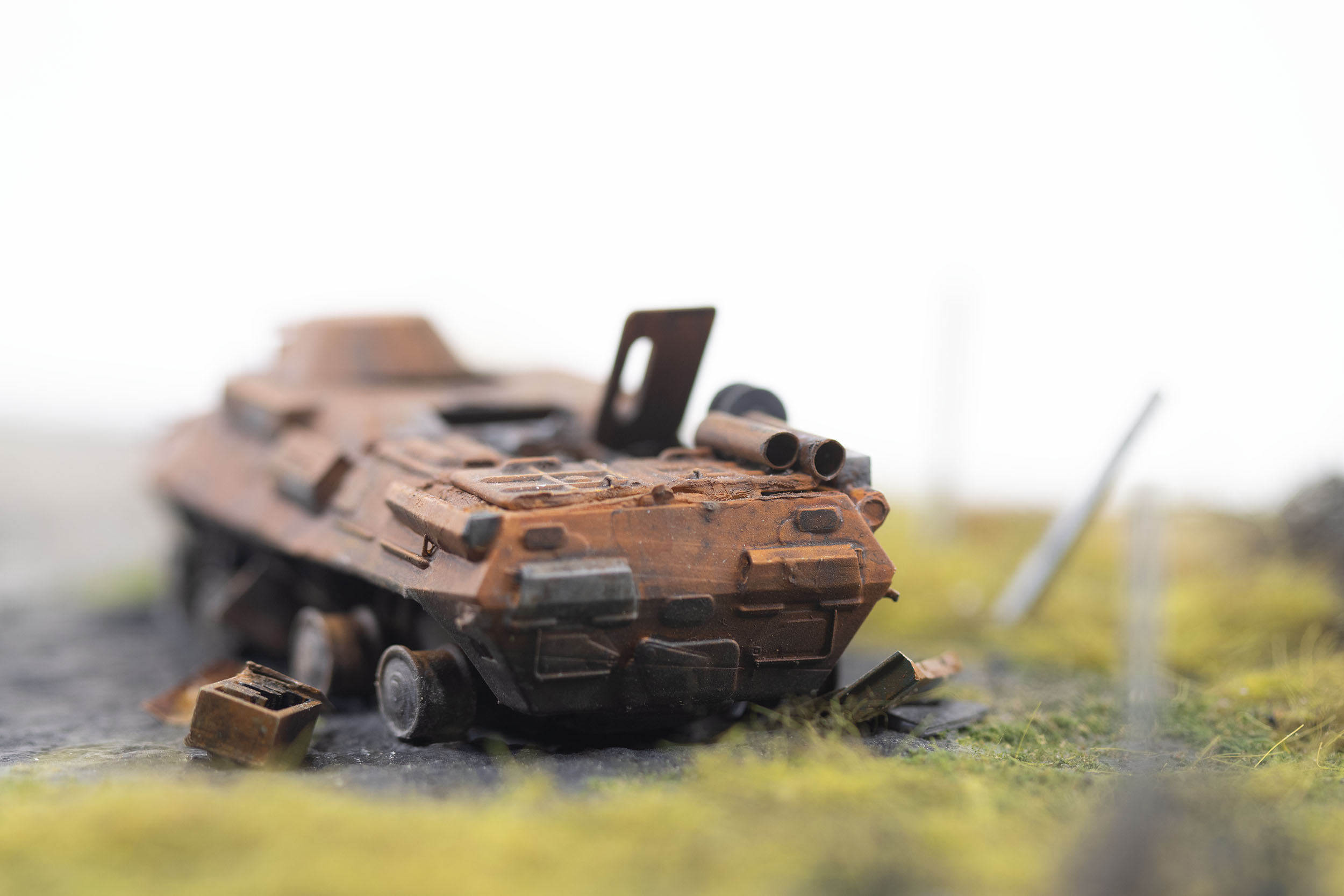 Model of a destroyed Russian BTR-90 in the village of Kamianka, Ukraine, by artist Thomas Doyle for the Howard G. Buffett Foundation