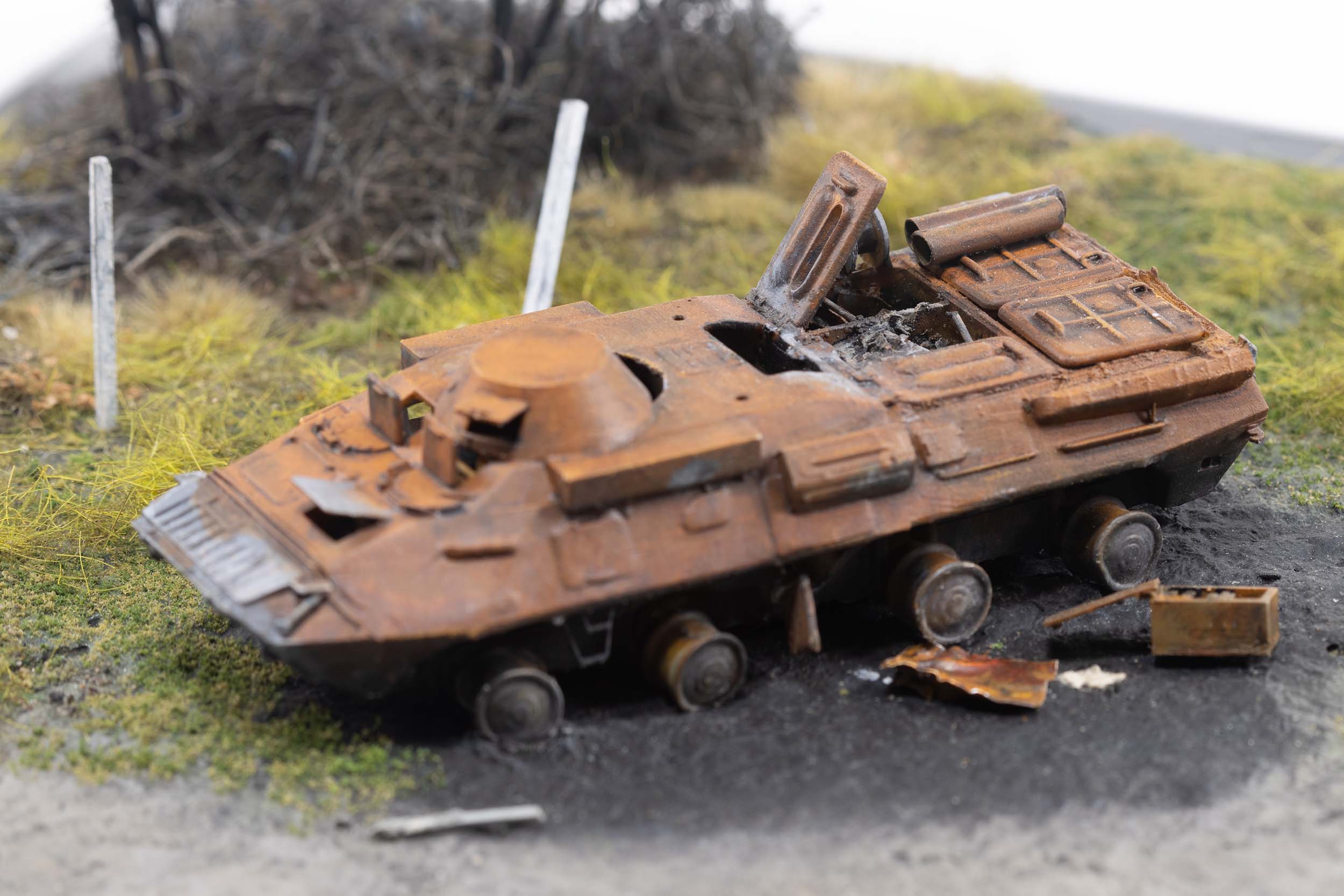 Model of a destroyed Russian BTR-90 in the village of Kamianka, Ukraine, by artist Thomas Doyle for the Howard G. Buffett Foundation
