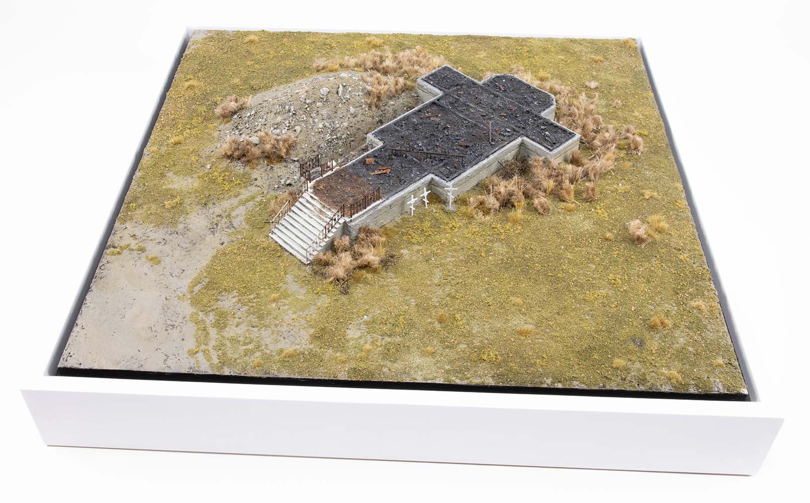 Model of a church destroyed by Russian armed forces in the village of Kamianka, Ukraine, by artist Thomas Doyle for the Howard G. Buffett Foundation