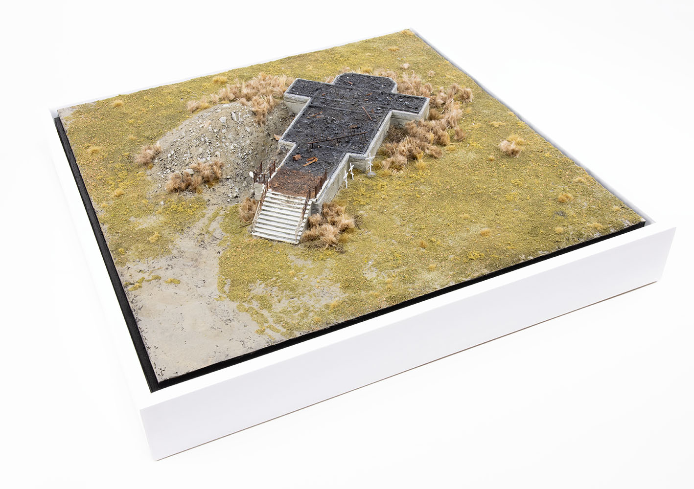 Model of a church destroyed by Russian armed forces in the village of Kamianka, Ukraine, by artist Thomas Doyle for the Howard G. Buffett Foundation