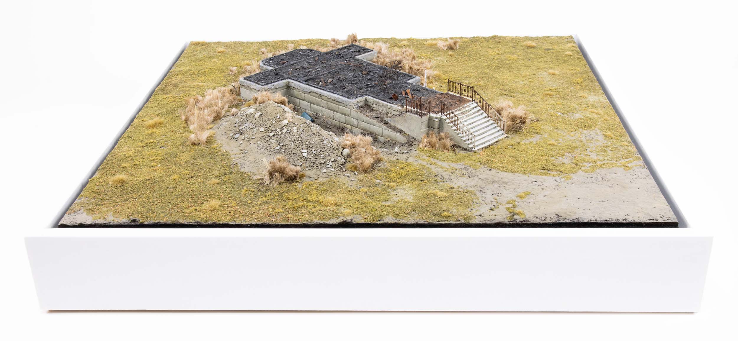 Model of a church destroyed by Russian armed forces in the village of Kamianka, Ukraine, by artist Thomas Doyle for the Howard G. Buffett Foundation