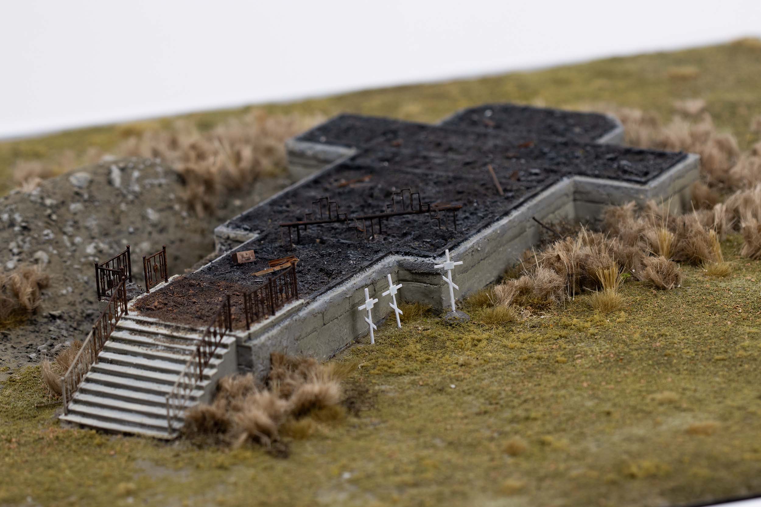 Model of a church destroyed by Russian armed forces in the village of Kamianka, Ukraine, by artist Thomas Doyle for the Howard G. Buffett Foundation