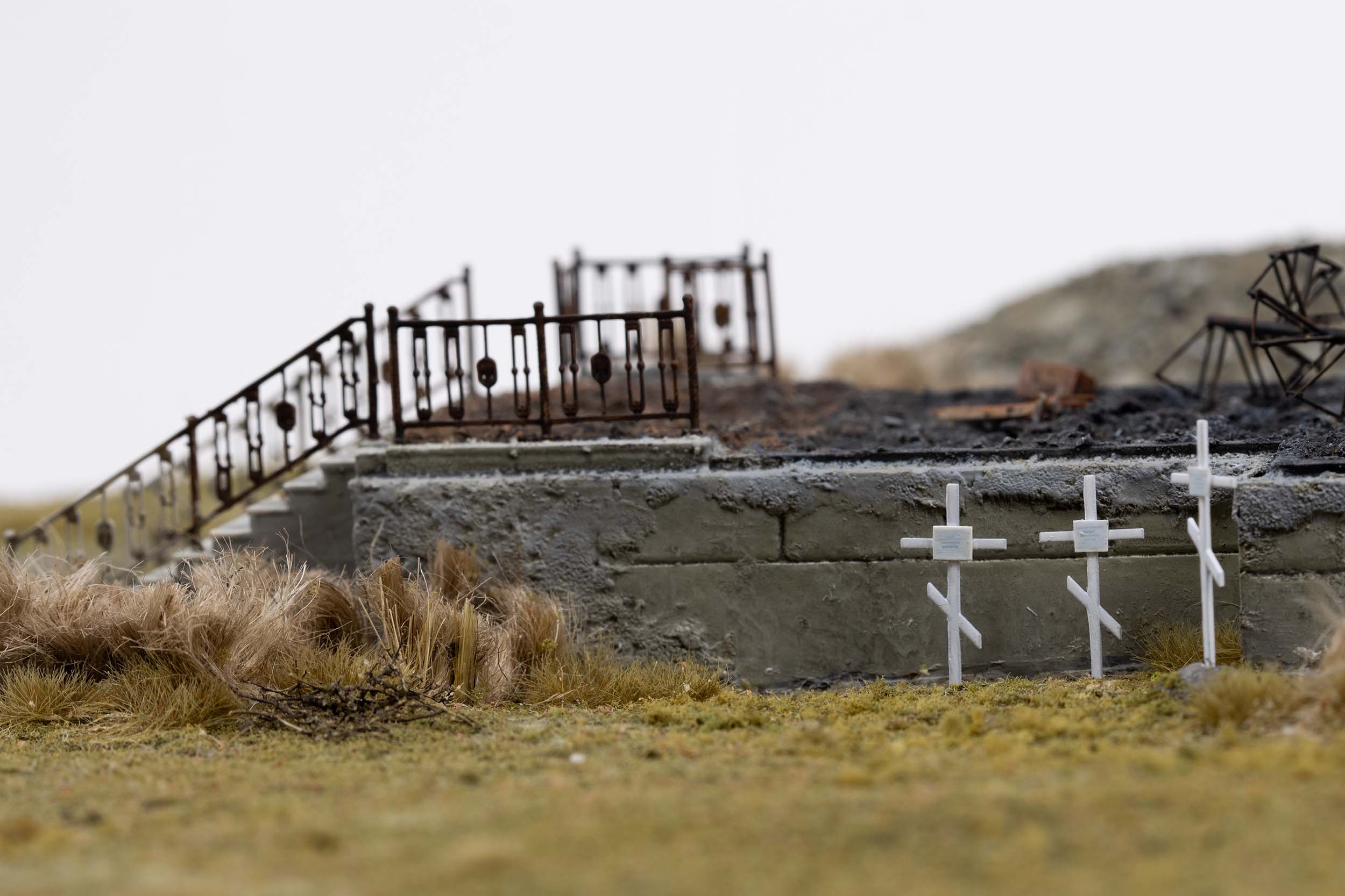 Model of a church destroyed by Russian armed forces in the village of Kamianka, Ukraine, by artist Thomas Doyle for the Howard G. Buffett Foundation