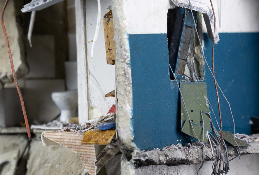 Model of a destroyed apartment building in Borodyanka, Ukraine, by artist Thomas Doyle for the Howard G. Buffett Foundation